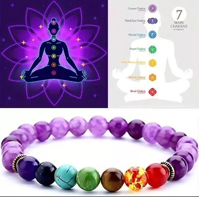 Crystal Gemstone Bracelet 7 Chakra Bead Ladies Heart Charm Reiki Healing Anxiety • £3.99