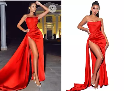 NWT Bella Barnett Haliya Rhinestone Corset High Slit Long Maxi Gown Red Satin M • $110