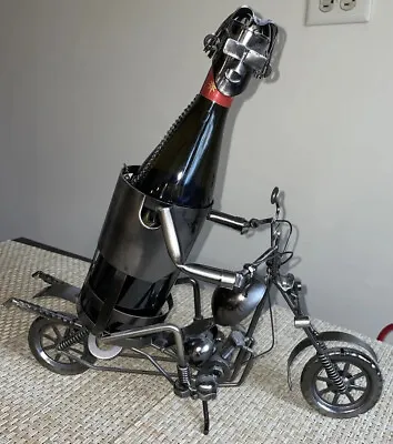 Motorcycle Wine Liquor Bottle Holder Steel Steampunk Welded Rider Helmet / 15”L • $28.49