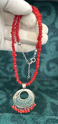 QT CAROLYN POLLACK Sterling SW Red Coral Fringe Pendant Necklace 16” • $120