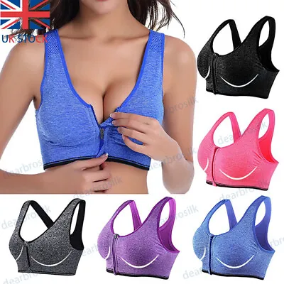 Sports Bra Women Wireless Front Zip Padded Yoga Push Up Cami Vest Support Top = • £3.86