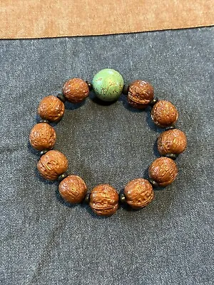 Rare Natural Round Walnut Bodhi Mala Beads With Turquoise Ball Bracelet • $769