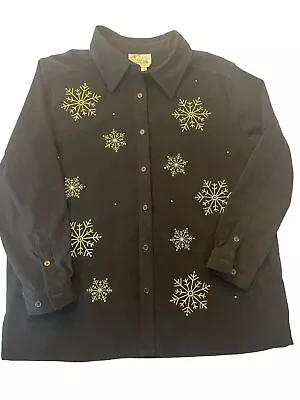 Quacker Factory Size 3X Velvet Black Gold Snowflake Snow Button Down Shirt • $36.99