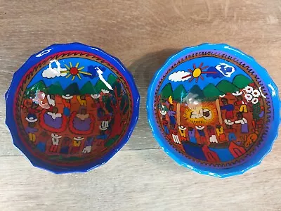 2 Hand Painted Mexican Terra Cotta Pottery 3 Footed Salsa Bowls Dancing People • $33.26