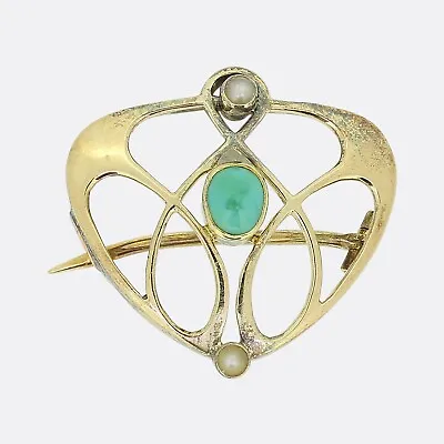 Murrle Bennett Art Nouveau Turquoise And Pearl Brooch 15ct Yellow Gold • £545