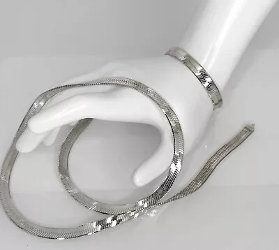 Vtg. 8mm Sterling HERRINGBONE Chain Necklace And Bracelet Set 925 Made Italy 70g • $119.99