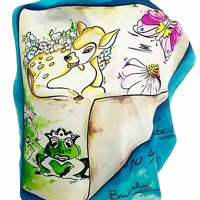 BRACCIALINI FLORAL ANIMAL BLUE SQUARE  Silk Scarf  20 In MADE IN ITALY  #A185 • $13.95