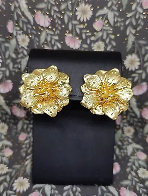 Vintage Kenneth Jay Lane Flower Clip On Earrings Gold Tone • $80