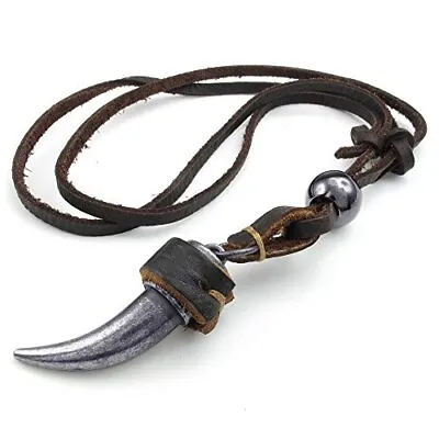 Mens Adjustable Tribal Wolf Tooth Pendant Leather Necklace Chain Brown Silver • $14.10