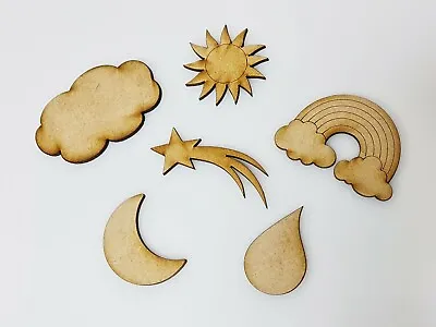 £2.75 • Buy Wooden MDF Weather Shapes Craft Blank Embellishments Sun Moon Star Raindrop