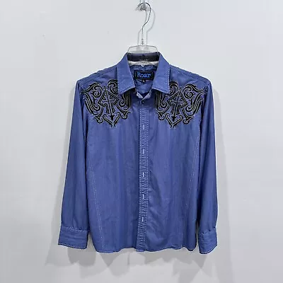 Roar Throne Embroidered Performance Shirt Blue Stretch Strength Refined Mens L • $24.56