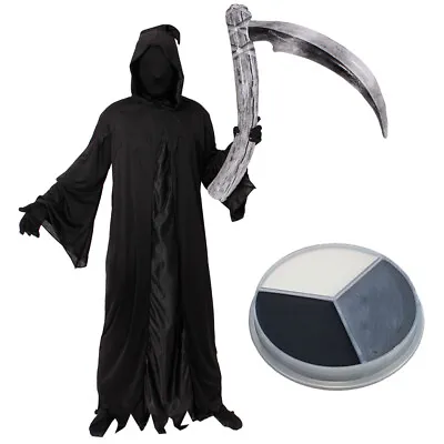 Adult Grim Reaper Costume Scythe And Face Paint Death Mens Halloween Fancy Dress • £22.59