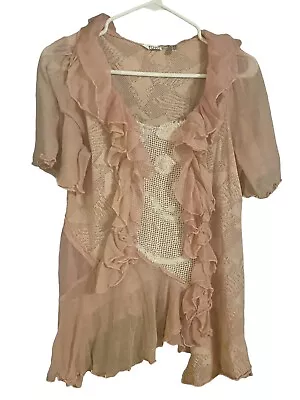 Vintage Ravel Ruffled Asymetrical Top Size Medium Pink Semi Sheer Mixed Prints • $29.99