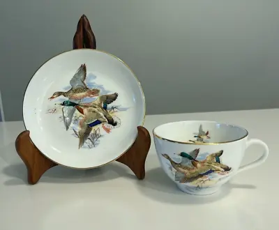 HAMMERSLEY & CO ENGLISH BONE CHINA MOUSTACHE CUP & SAUCER W/ MALLARD DUCK PAIR • $29.99