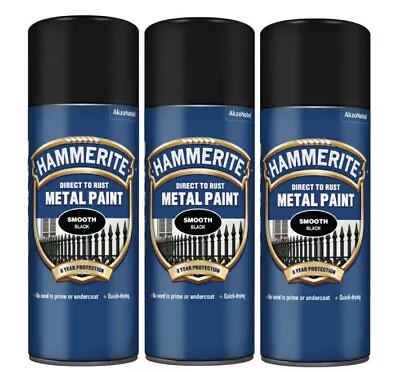 3 X Hammerite Smooth 400ml Black Direct To Rust Metal Spray Paint • £29.99