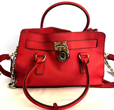 MICHAEL KORS Orange Coral Saffiano Leather Hamilton Satchel Handbag W/Chain 3171 • $65