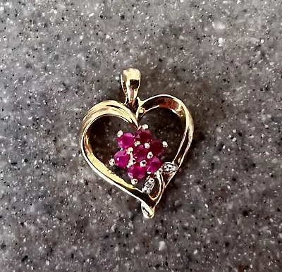 Vintage 10K Yellow Gold Ruby Diamond Flower Heart Pendant For A Necklace • $139