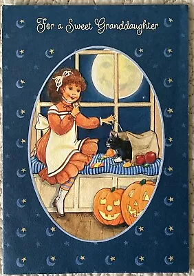 Vintage Halloween Black Cat Prairie Girl Jack O Lantern Pumpkin Greeting Card • $4.43