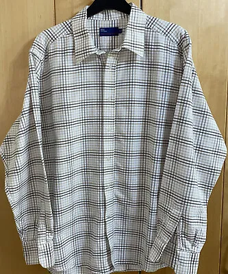 M&S Beige Brown Check Shirt Size 17.5 Long Sleeve Pure Cotton Oxford Neutral • £4.99