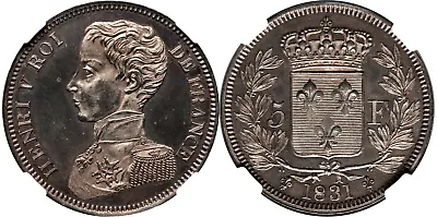 France 1831 Henri V Pretender Silver Essai 5 Francs NGC MS-62 Looks Proof!! • $2500