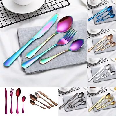 Cutlery Set Luxury Stainless Steel Dinnerware Rainbow Tableware Dinner 4Pcs Gift • £6.59