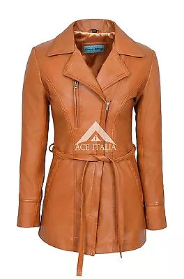 Ladies Leather Jacket TAN SARINA TRENCH Classic Mid-Length 100% REAL NAPA COAT • £103.78