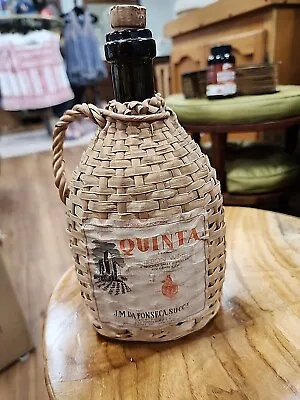 1959 Empty Quinta Lisbon Portugal Wine Bottle Wicker Wrap Paper Label Decanter • $10.50