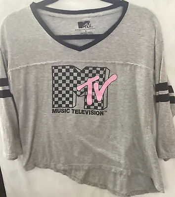 MTV T-Shirt Grey Gray 3/4 Sleeve Logo Top Cotton Blend Woman's Size XL • £9.65