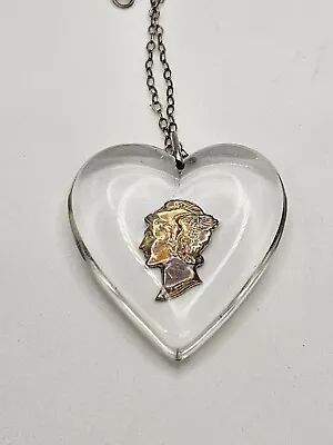 Vintahe 1940s Sterling Silver Floating Mercury Dime Head Lucite Heart Necklace  • $68