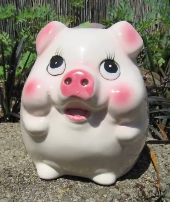 Vintage Small Mid Century Hand Painted Pink Ceramic Piggy Pig Bank • $12.99