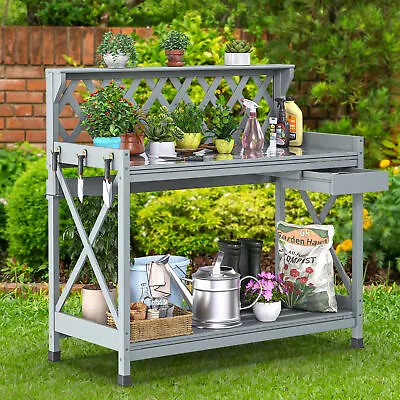 Potting Bench Table Outdoor Garden Workstation Table With Drawer & RackHanger • $88.36