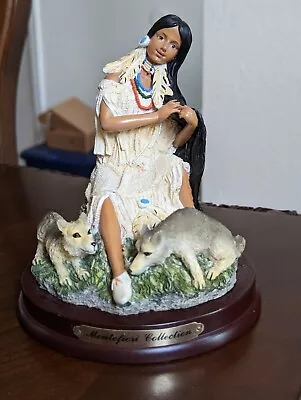 Native Girl With 2 Wolves Resin Figurine On Wood Base Montefiori Collection 6  • $30