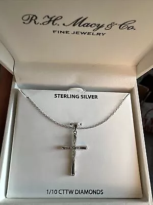 MACY’S Diamond Cross 18” Cross Pendant Necklace (1/10 Ct. T.w.) In Sterling Silv • $24.99