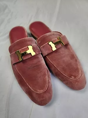 Hermes Size 8 Trocadero Rose Poudre Velvet H Logo Buckle Mule Slide Loafers Vgc  • $449