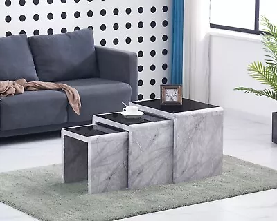 £149 • Buy Nest Of 3 Tables High Gloss Marble Effect Finish With Black Tempered Glass Top 