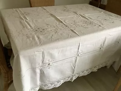 Lrg Antique Italian Linen Tablecloth/ 11  Naps Geometric Punto Antico Hand Emb • $242.69