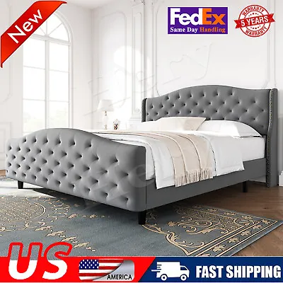 Upholstered King/Queen Size Bed Frame Tufted Platform Velvet Headboard Footboard • $232.55