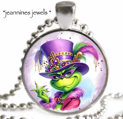 Mardi Gras NECKLACE Grinchy Silver Charm Pendant Fat Tuesday Party Favor Gift • $21.99