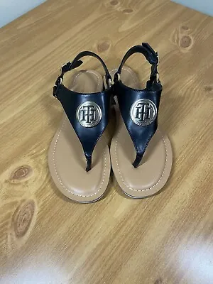 Tommy Hilfiger Women's Size 6.5 M King Signature Black Sling Thong Sandals • $39.99