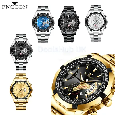 FNGEEN Mens Luxury Fashion Calendar Analogue Quartz Sports Stainless Steel Watch • £17.95