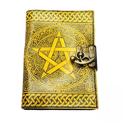 Leather Journal Yellow Pentagram With Clasp Lock Handmade Parchment - 120 Pag... • $44