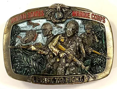 Vintage 1982 United States Marine Corps Belt Buckle  First To Fight  USA USMC • $17.95