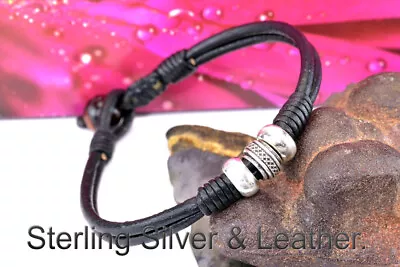 HANDMADE Sterling Silver Leather Tiger Eye Wristband Armband Men Bracelet 1B-255 • £17.33