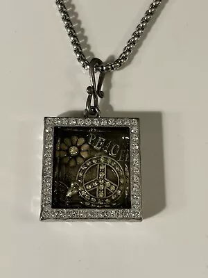 Vintage VCLM Silver Toned Necklace With Square Pendant 70s Look Peace Sign  • $15