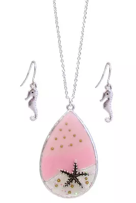 Pink Starfish And Seahorse Teardrop Pendant Necklace And Earrings Set • $17.95