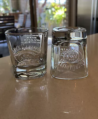 2x Jack Daniels Square Lowball Old No 7 Raised Script Front & Back Clear Glasses • $28