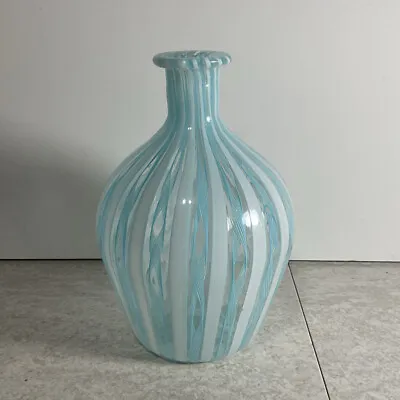 Italian  Zanfirico Latticino Blue & White Ribbon Glass Vase 5-1/2” • $56