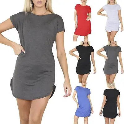 Ladies Turn Up Sleeve Curved Hem T Shirt Women Ribbed Long Tunic Dress Size 8-26 • £5.99