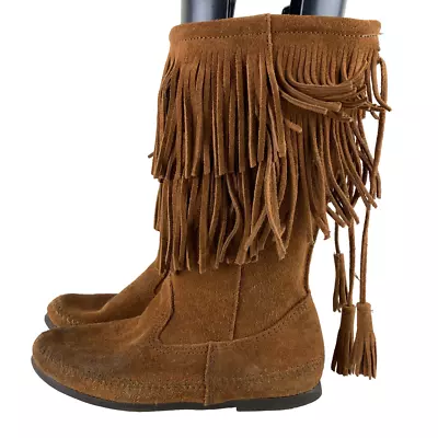 Minnetonka Womens Sz 7 Brown Suede Fringe Mid Calf Fashion Boots Festival Boho • £30.84