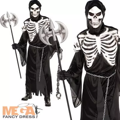 Deluxe 3-D Skeleton Grim Reaper Mens Halloween Fancy Dress Crypt Keeper Costume • £12.99